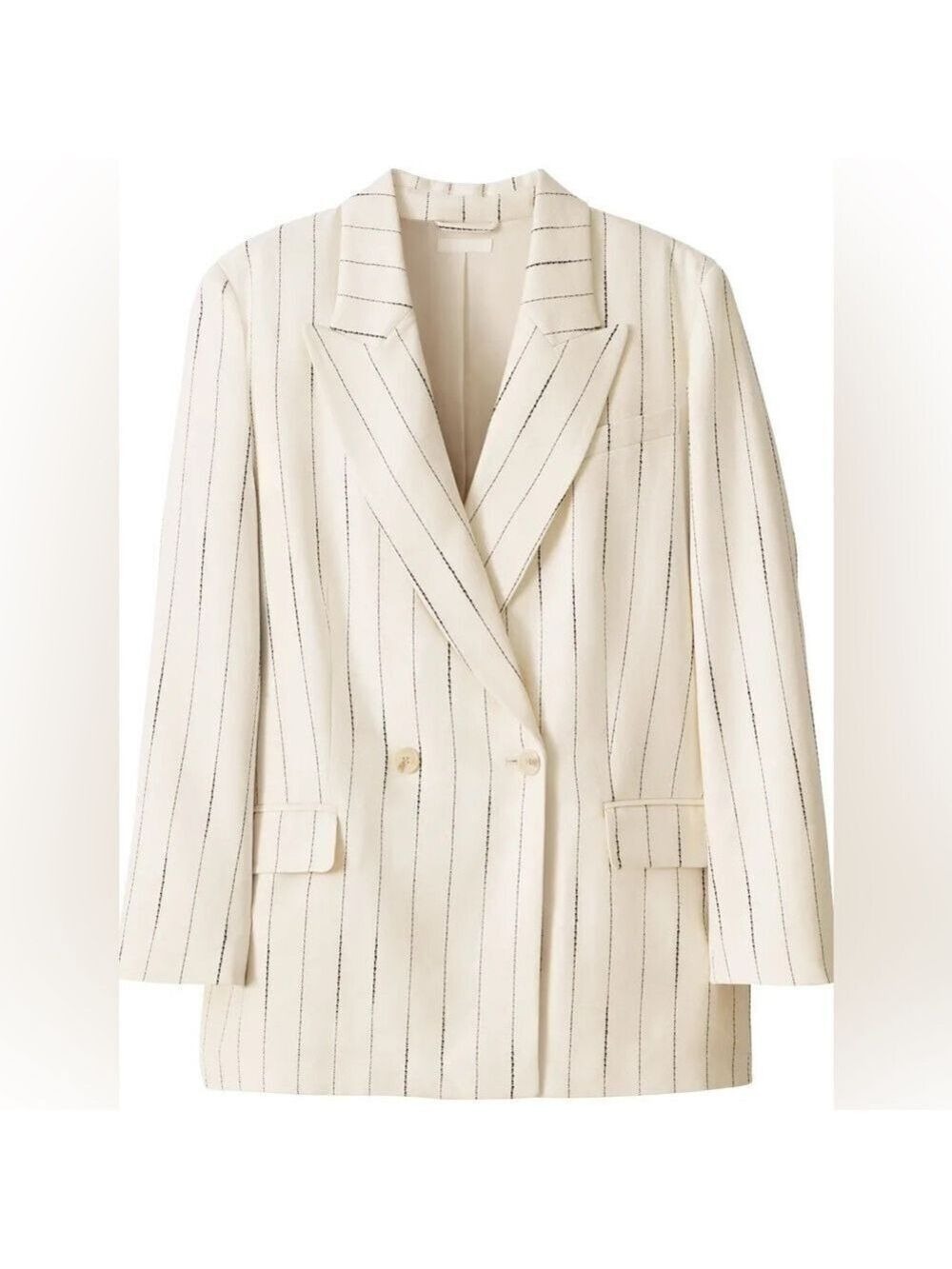 H&M Linen Blend Pin Striped Double Breasted Relaxed Fit Cream Blazer with Black